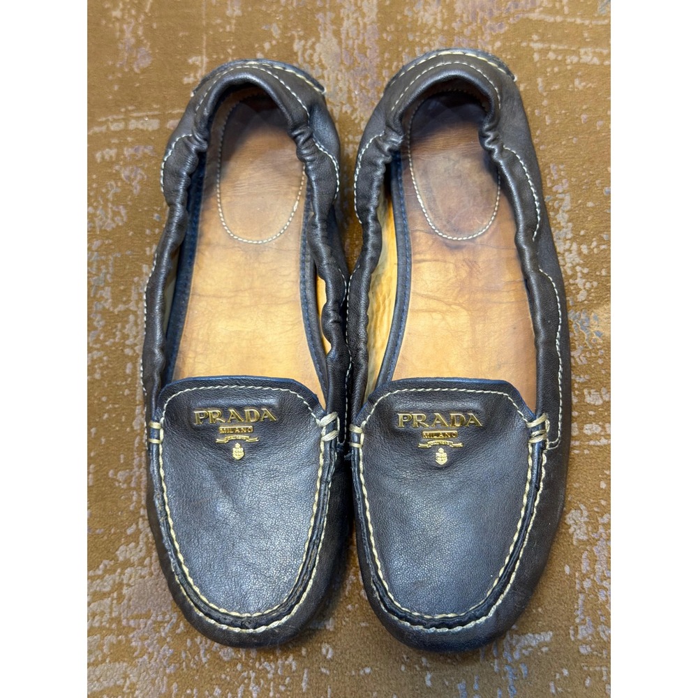 Prada Milano Brown Leather Driving Loafers Gold Logo Flats 1D0 021 Size 36